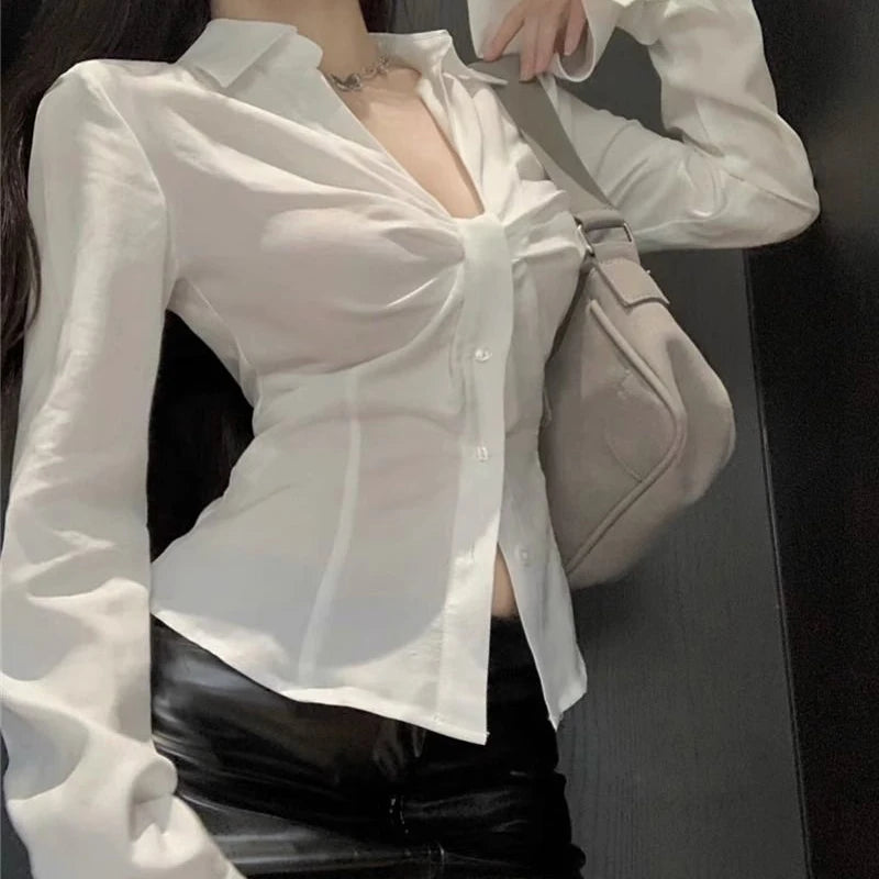 Women Elegant White Shirt Summer Sexy V Neck Folds Chic Crop Blouses Korean Streetwear Flared Long Sleeve Tops New