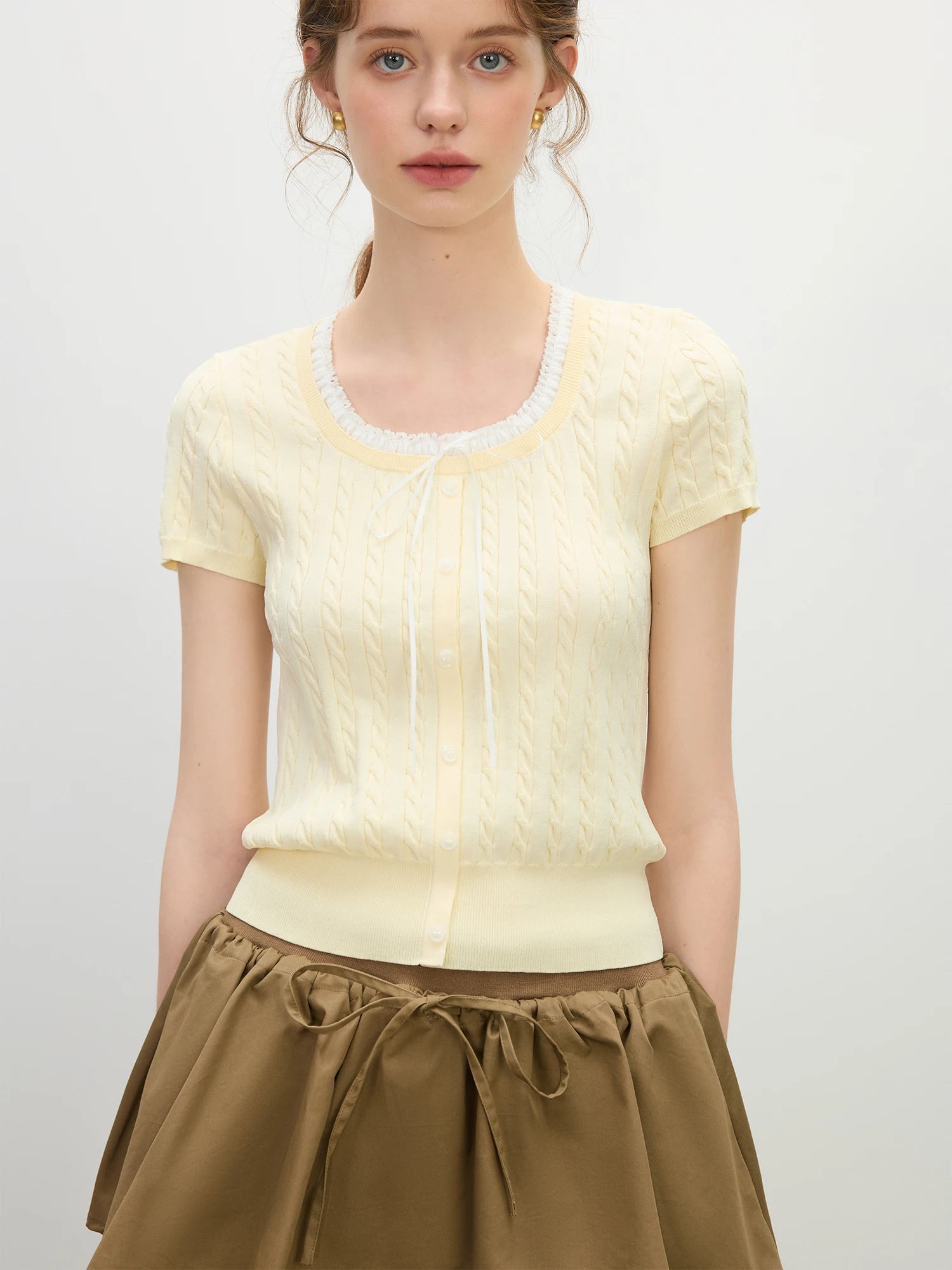 FSLE Youthful Cable Knit Two-Piece Top 2025 Summer Lace Trim Collar Slim Fit Day to Night Outfit Casual Loose Tops