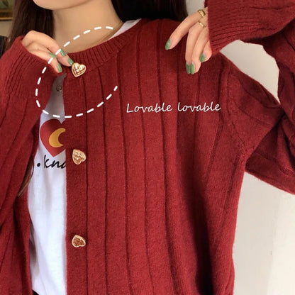 Kawaii Woman Sweaters Knitted Cardigan 2020 Winter Korean Fashion Cute Heart Buttons Long Sleeve Burgundy Red White Sweater Tops