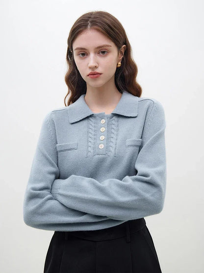 FSLE French Casual Style Polo Lapel Solid Color Sweater for Women Autumn and Winter 2023 Soft Waxy Pullover Sweaters Female