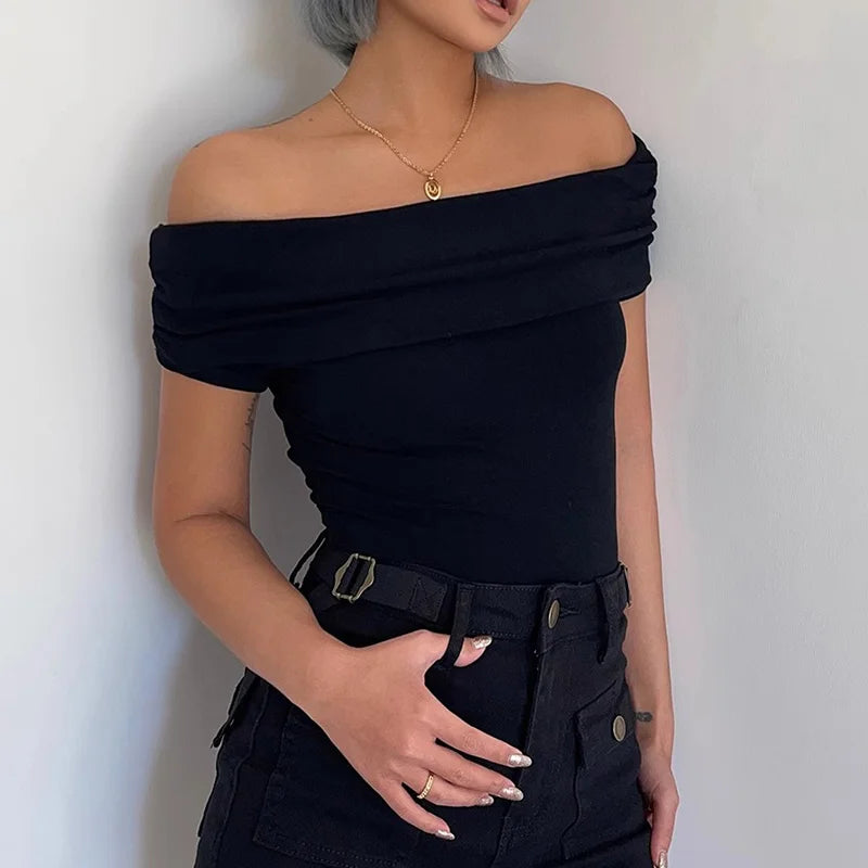 Black Off Shoulder Elegant Short Tops Side Pleated Fashion Slim Sexy Cropped T Shirt Women Summer Y2k Clothing Skinny Top