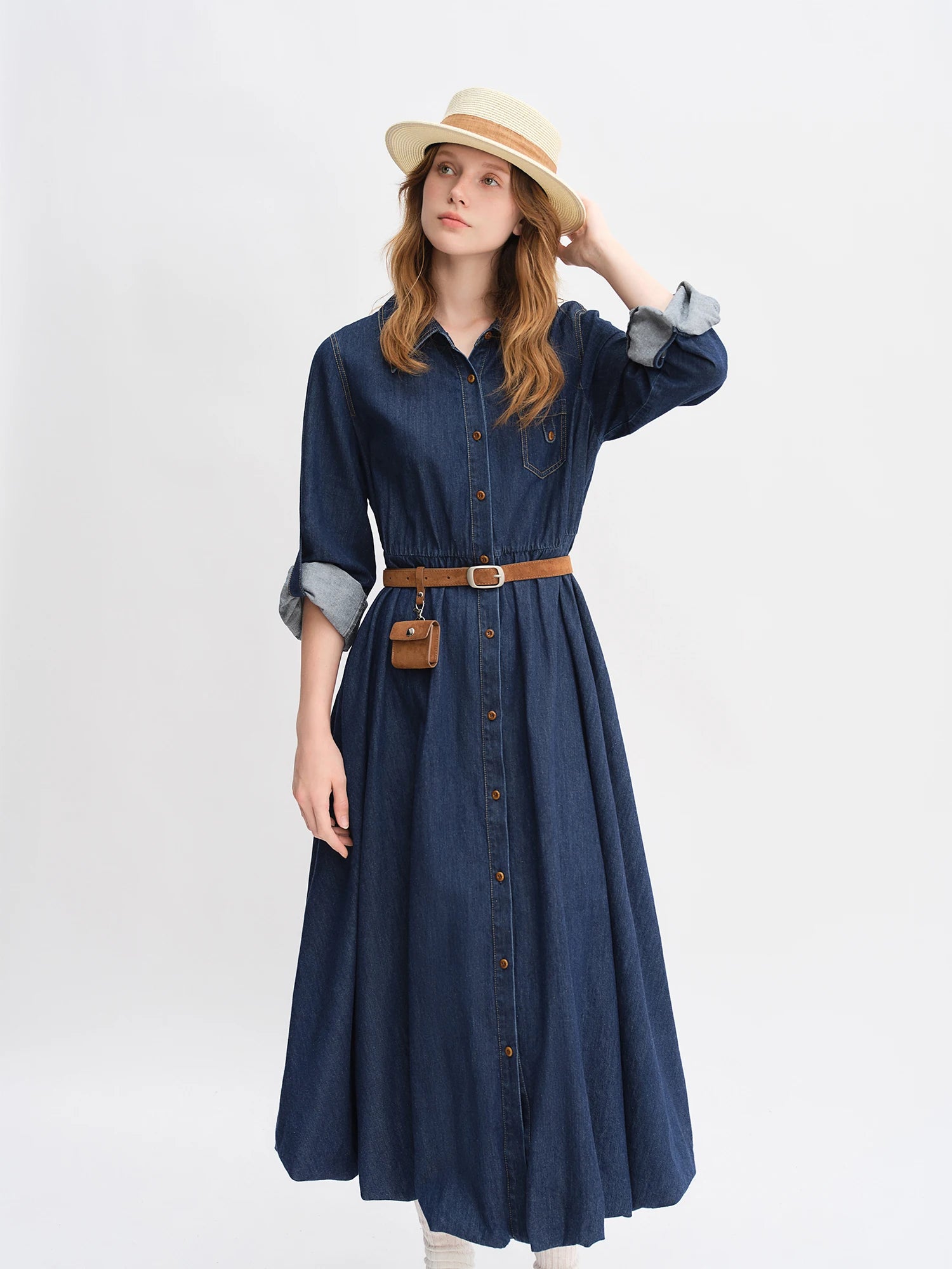 DUSHU Autumn 2025 Women's Denim Dress - Elegant Bouffant Hem Flowy Maxi Dress Casual Daily Wear Empire Waist