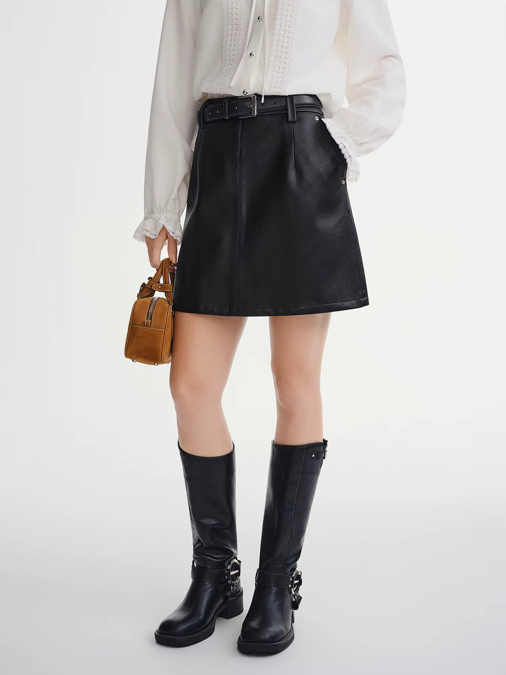 Plus-size Women High-waisted A-line Leather Skirt Winter 2025 New Arrival from the Bold Black Brown Collection Half Skirt