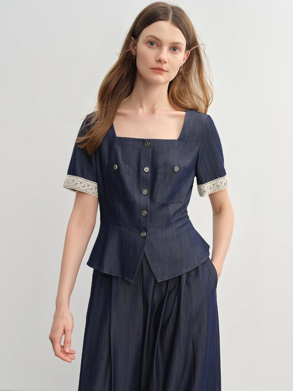 DUSHU Women's French Vintage Lace Square Neck Blouse Relaxed Wide-Leg Tros 2025 New Cowboy-Inspired Set