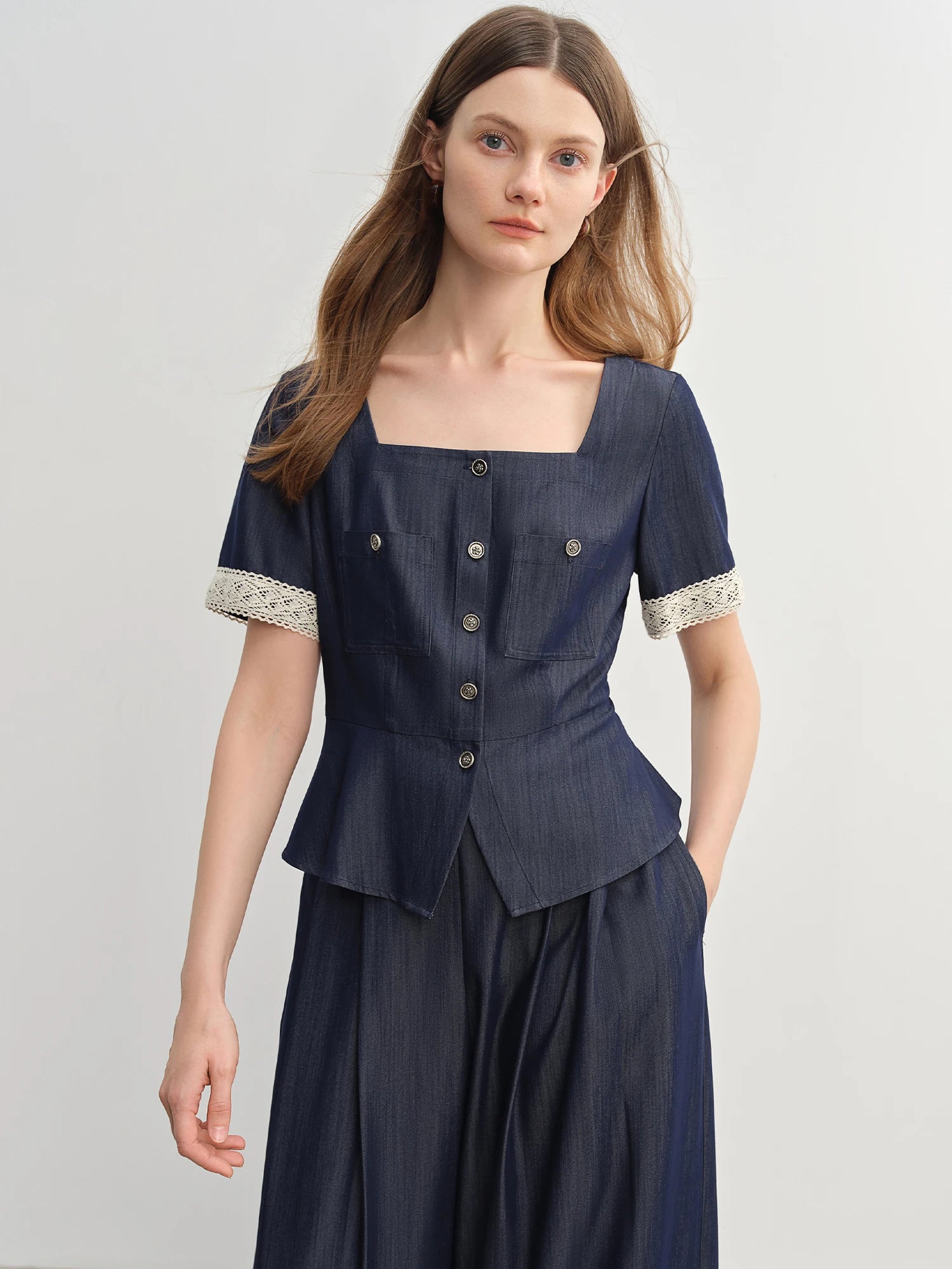 DUSHU Women's French Vintage Lace Square Neck Blouse Relaxed Wide-Leg Tros 2025 New Cowboy-Inspired Set