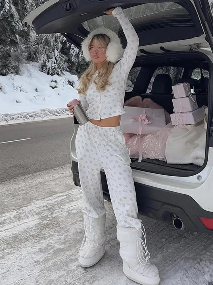 Knitted Printed Vest Cardigan Pant 3 Piece Set Women Elegant Slim Sling Vests Full Sleeve Sweater Elastic Long Pants Sets Female