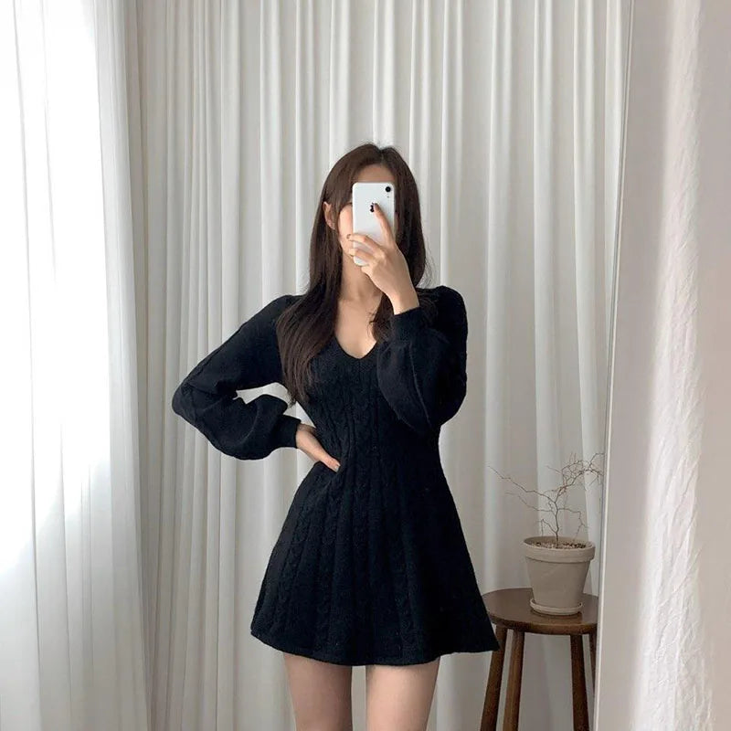 Autumn Knitted Mini Dress Y2K Fashion Bell Sleeves V Neck A Line Dress Female Korean Streetwear Chic All-Match Knit Slim Dress