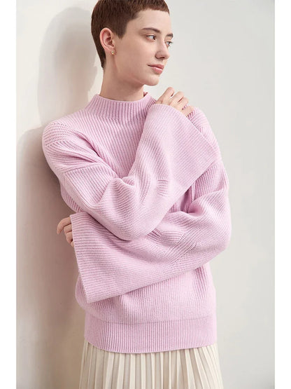 Amii Minimalism 2024 Autumn Sweaters for Women New Commuter Retro Mock Neck Flared Sleeve Loose Knitted Cozy Pullovers 12443180