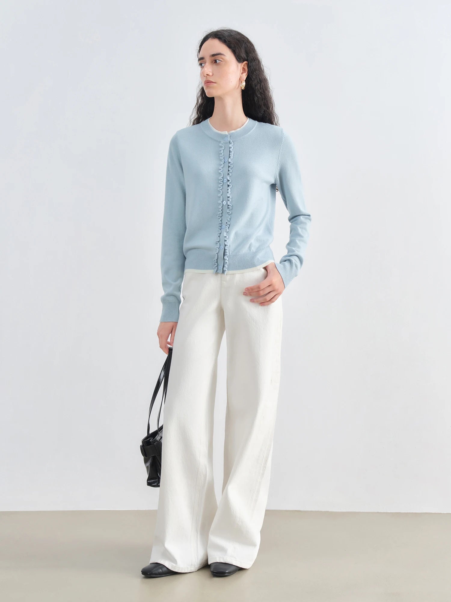 ZIQIAO Autumn 2025 Women's Structured Shoulder Knit Cardigan - Round Neck Layered Illusion Fit Textured Open Front Casual Top