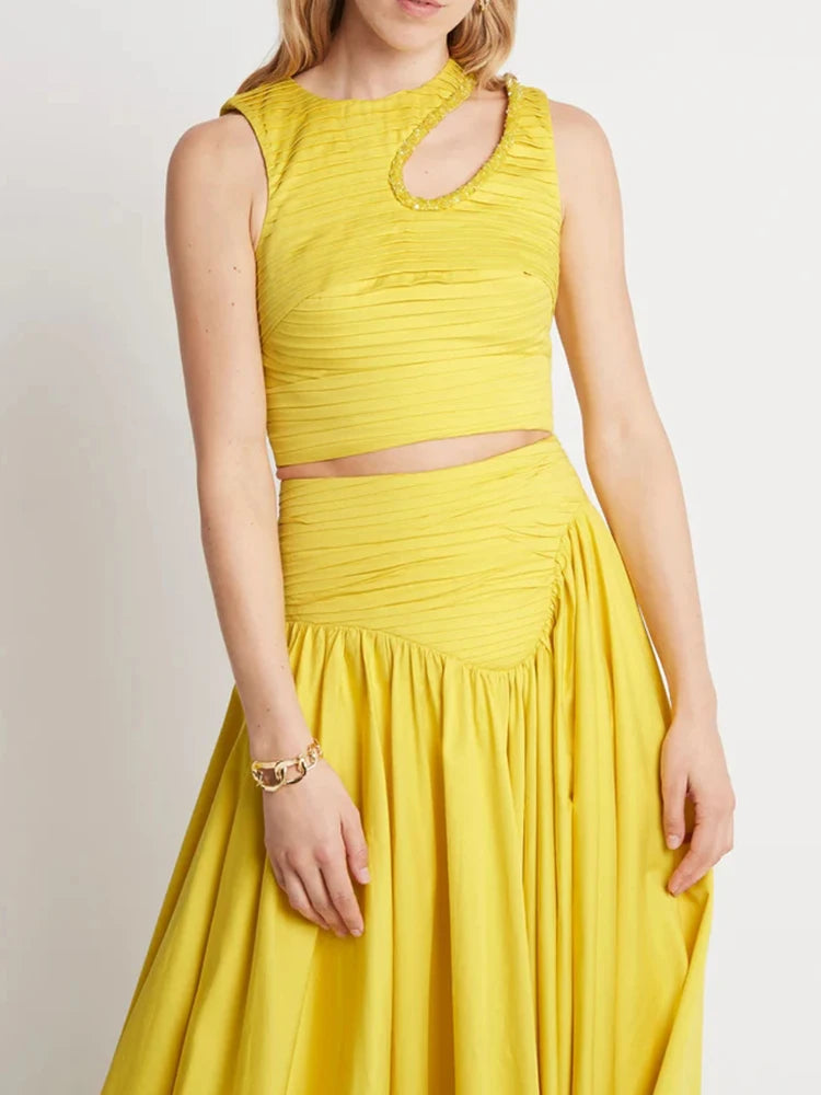VGH Slim Two Piece Sets For Women Round Neck Sleeveless Hollow Out Pleat Crop Tops Irregular Hem Pleated Skirt Solid Set Female