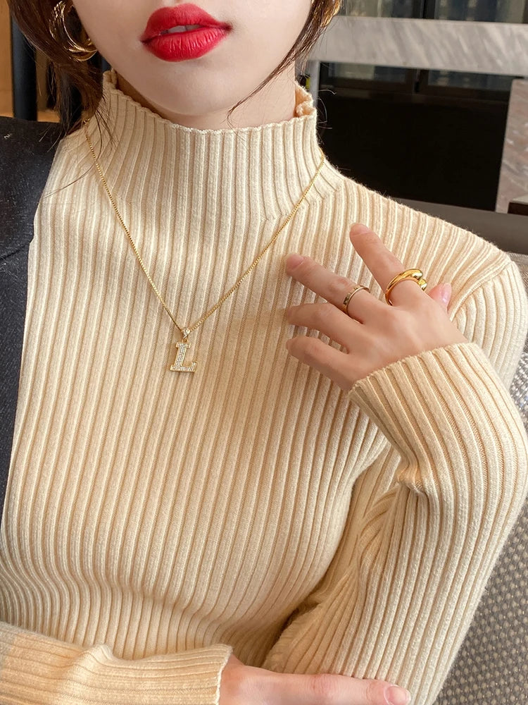 Elegant Solid Basic Knitted Tops Women Turtlneck Sweater Long Sleeve Casual Slim Pullover Korean Fashion Simple Chic Clothes