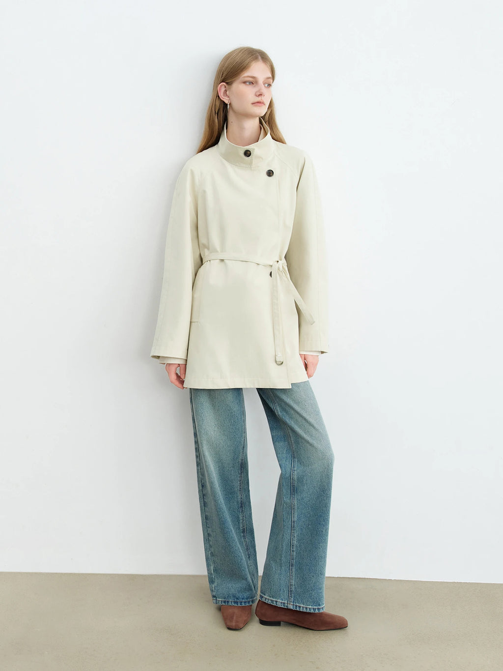 ZIQIAO Korean Style Stand Collar Short Trench Jacket for Women 2025 Autumn New Arrival Casual Chic Long Coat