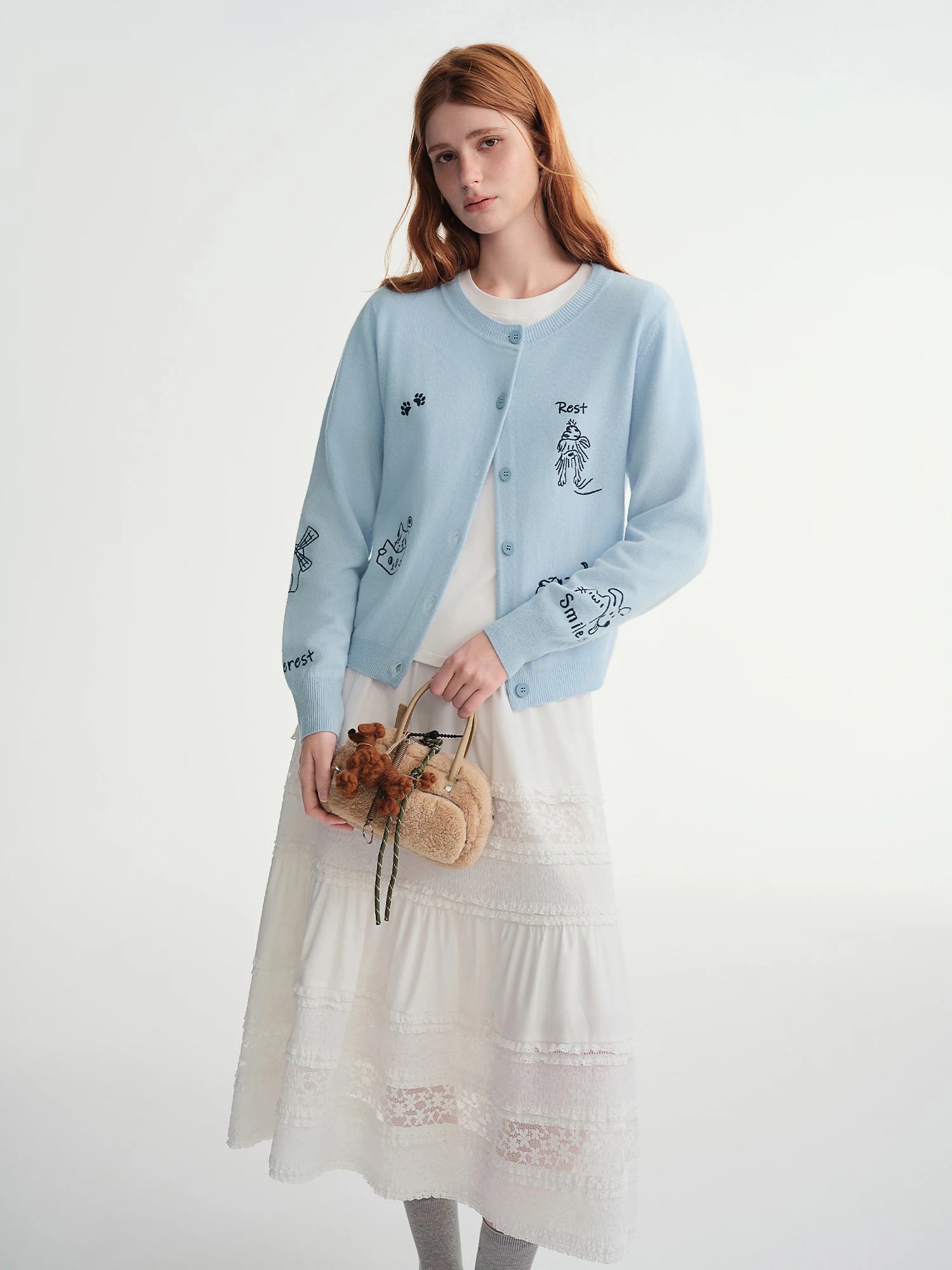 Plus-Size Women Fashion Cute Pet-Inspired Party 100% Wool Fun Embroidery Knit Cardigan 2025 Winter New Arrival Sweater