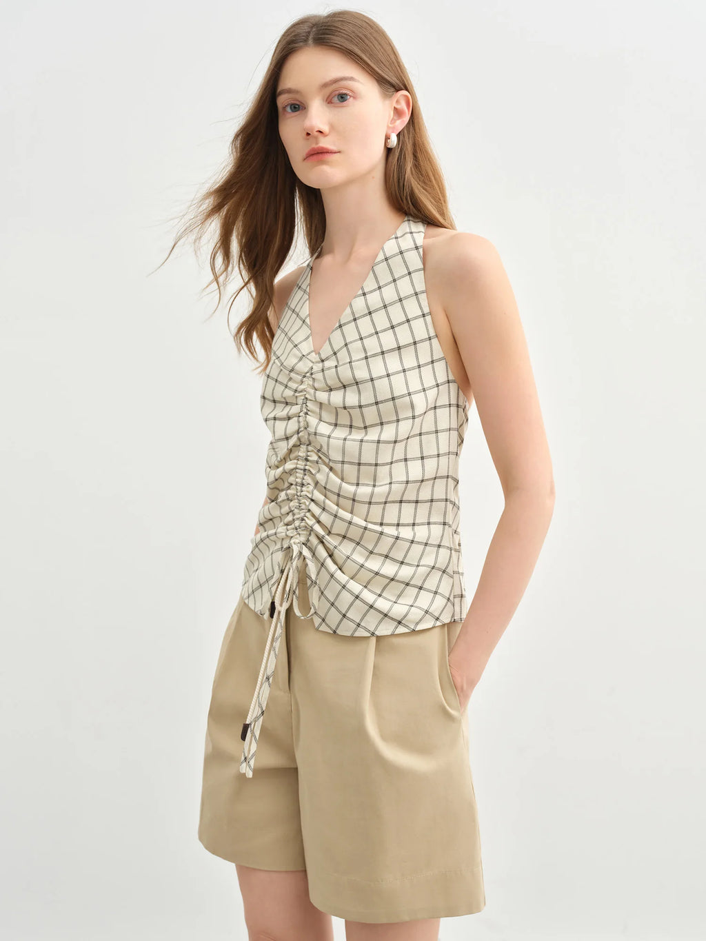 DUSHU Women's Sleeveless Plaid Pleated Blouse with Strapless Neckline 2025 Slimming Stylish Women's Top
