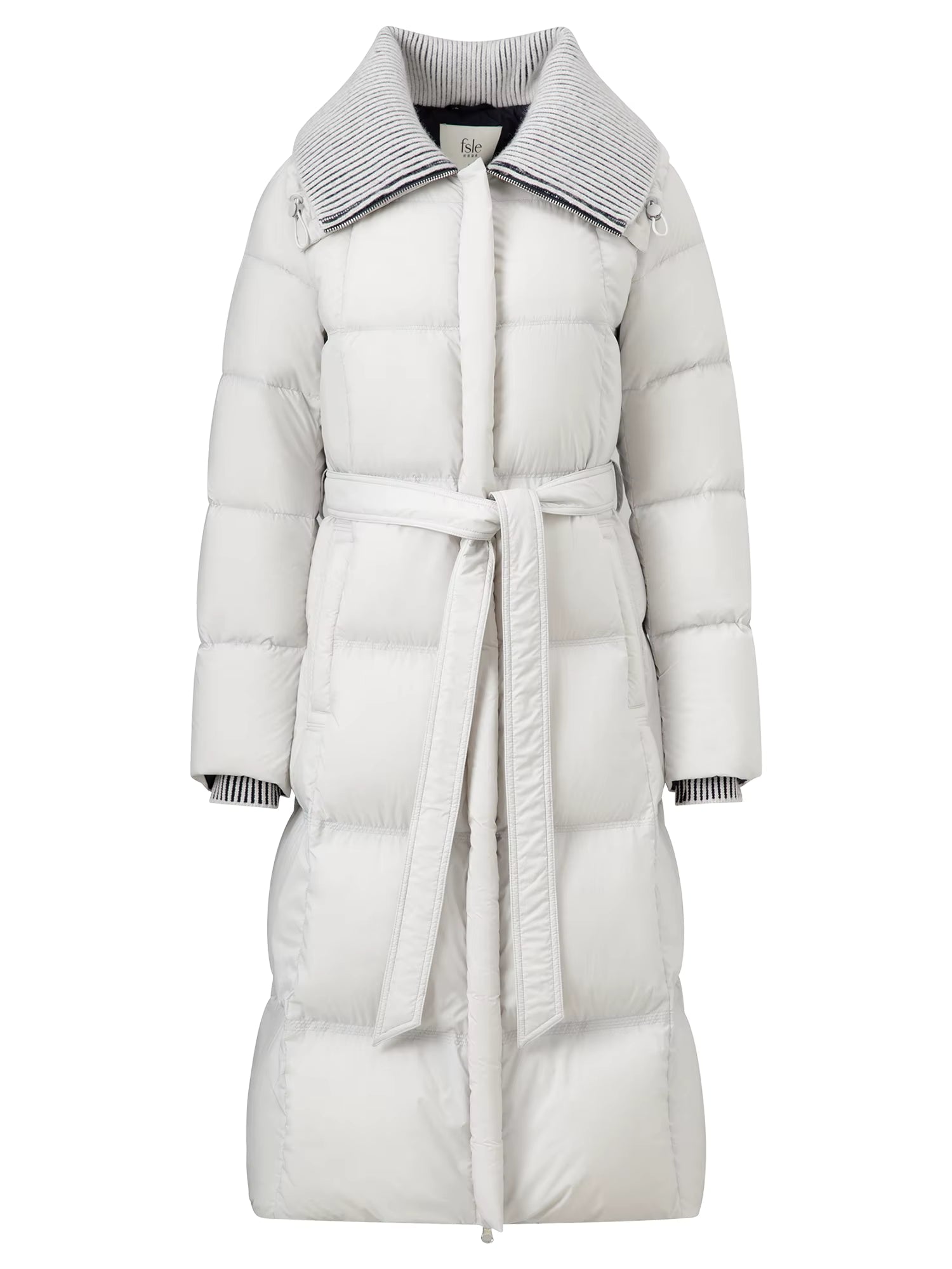 Knit Turned Collar Long Down Jacket for Women with Contrast Patchwork Structured Shoulder Design Winter 2025 New Arrival