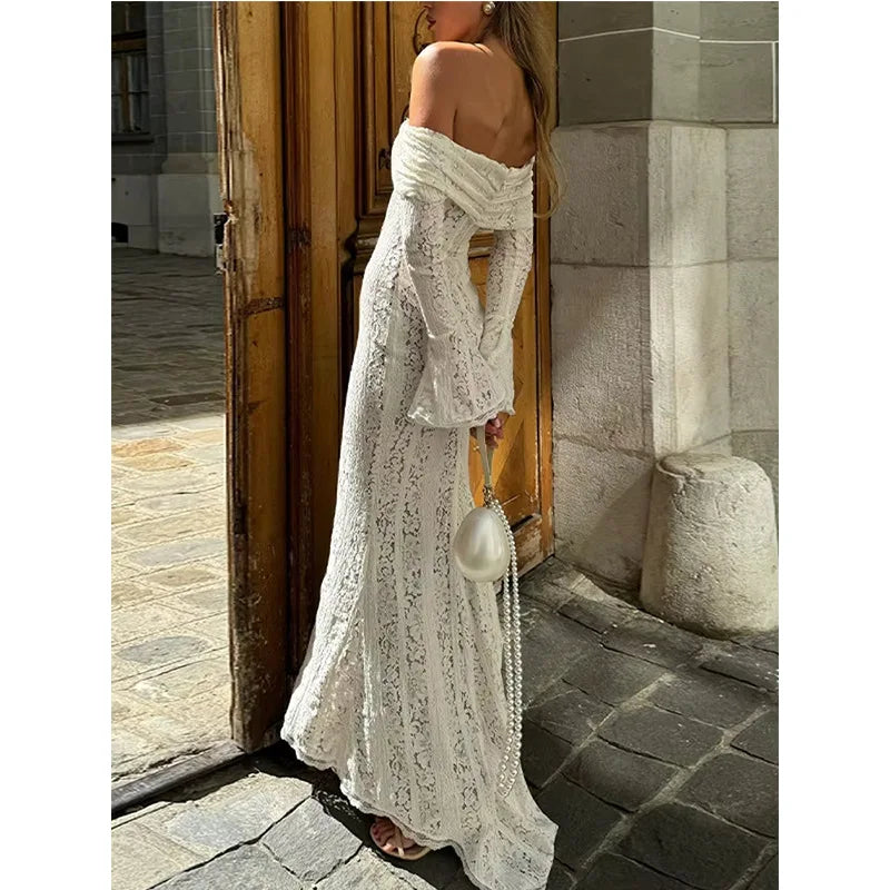 Elegant Off-Shoulder Lace Maxi Dress with Flared Sleeves and High-Low Hem