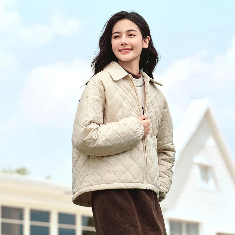 Semir Cotton Jacket Women Corduroy Lapel Diamond Check Retro 2024 Winter New Three-Proof Loose Lightweight Cotton Jacket