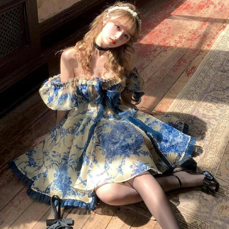 Korean Style Elegant Fairy Mini Dress Vintage Sweet Women Puff Sleeves Bow High Waist Slim Dresses Sexy Off Shoulder Party Dress