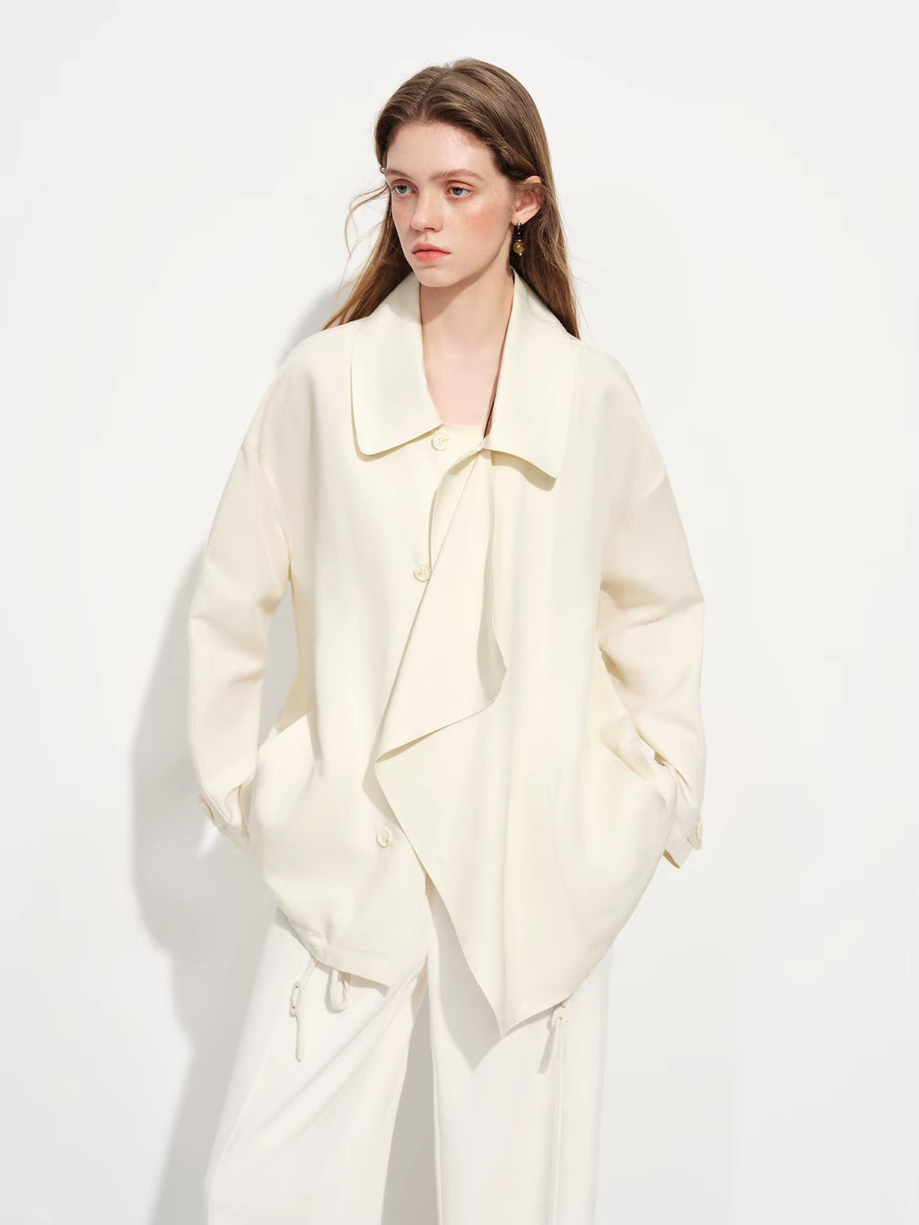 Relaxed Drawstring Turned-Up Collar Jacket for Women Spring 2026 New Arrival Long-Sleeve Top Lyocell Chestnut Brown Jackets
