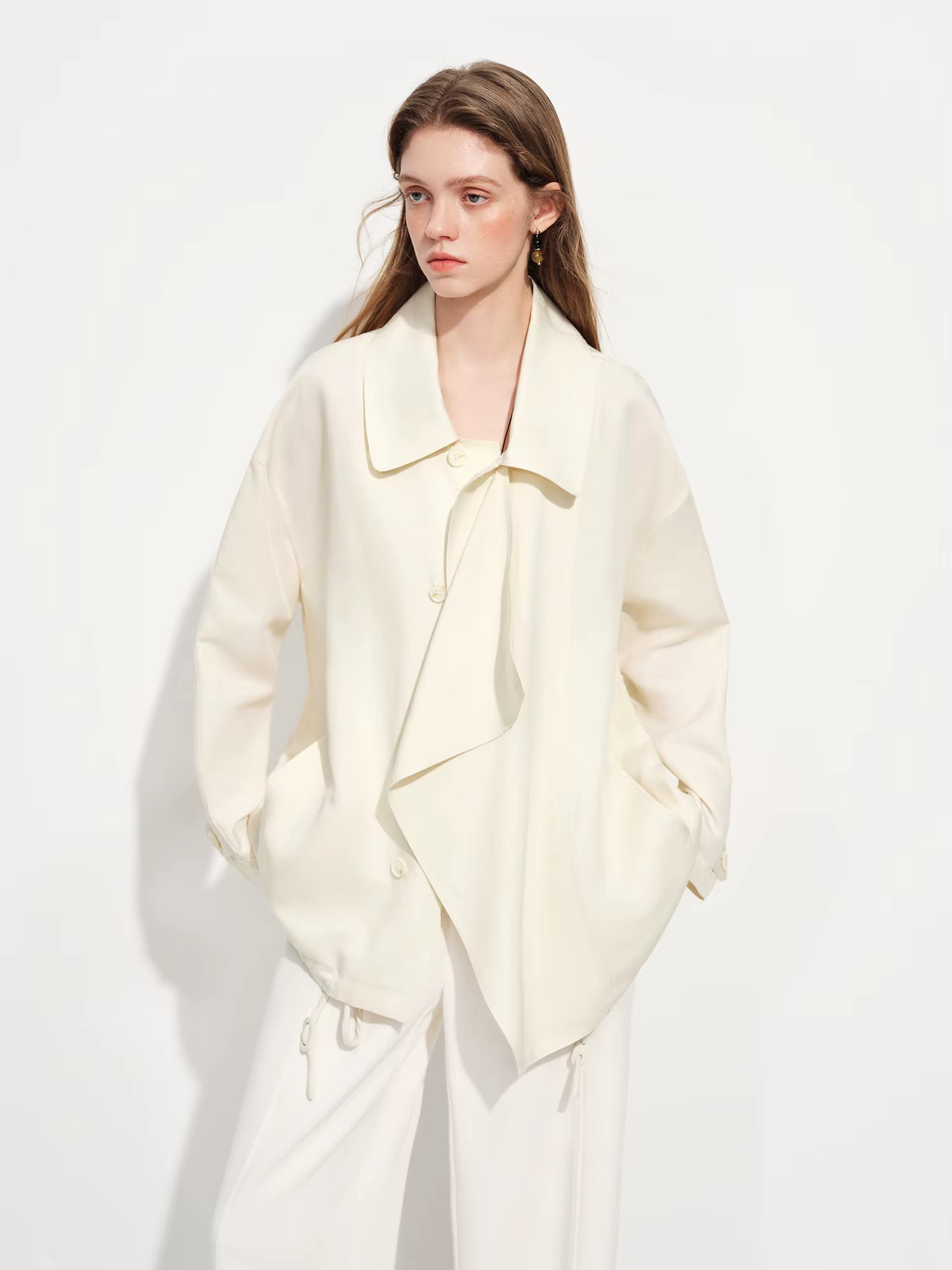 Relaxed Drawstring Turned-Up Collar Jacket for Women Spring 2026 New Arrival Long-Sleeve Top Lyocell Chestnut Brown Jackets