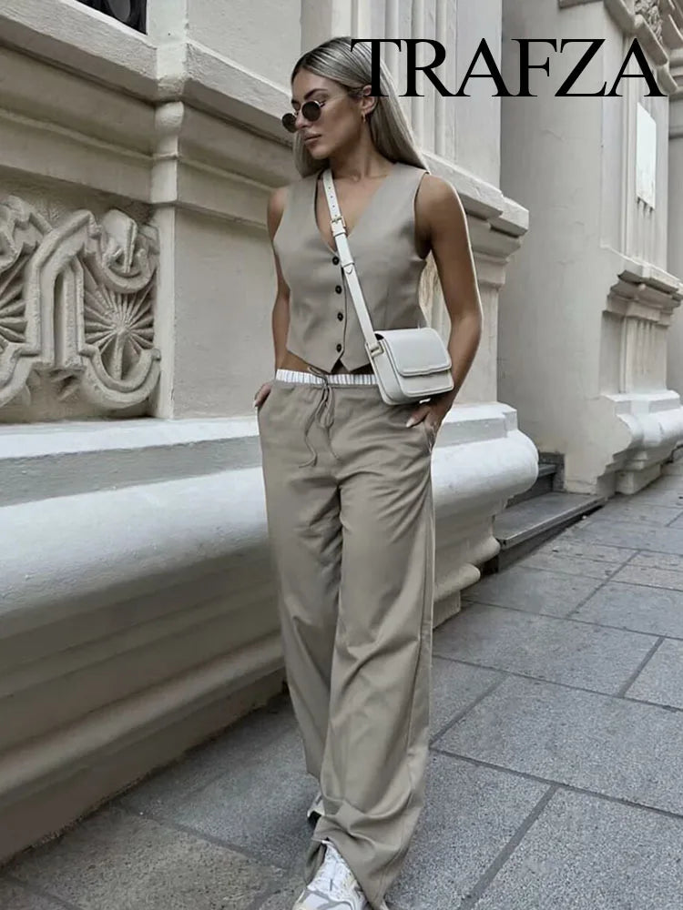Chic Set Solid V-Neck Sleeveless Single-Breasted Waistcoat+High Waist Elastic Waist Pockets Drawstring Long Pant
