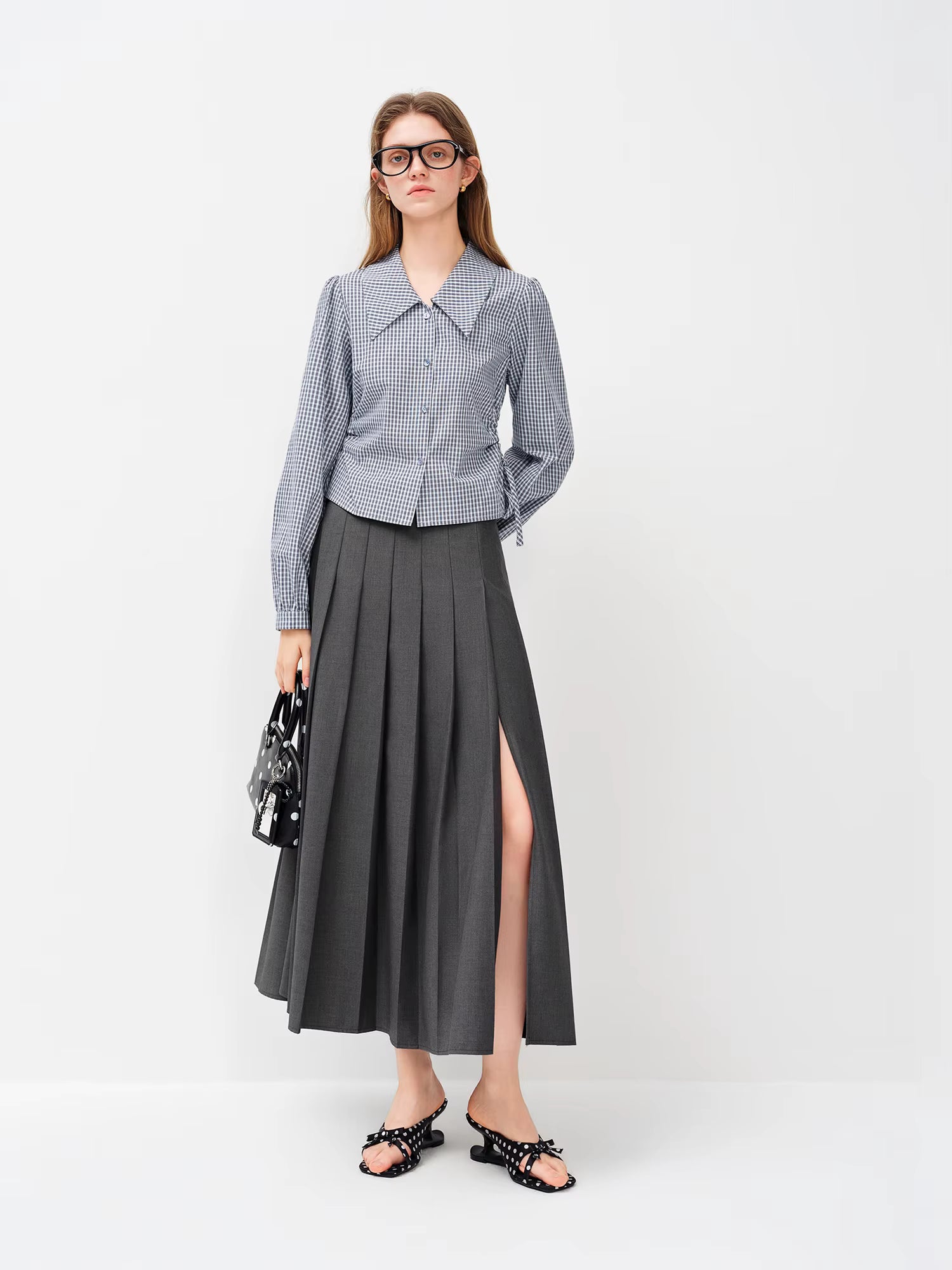 2026 Women Blue White Gingham Shirt Drawstring Waist Short Blouse Soft Cotton Cropped Long Sleeve Top for Coffee Date Style