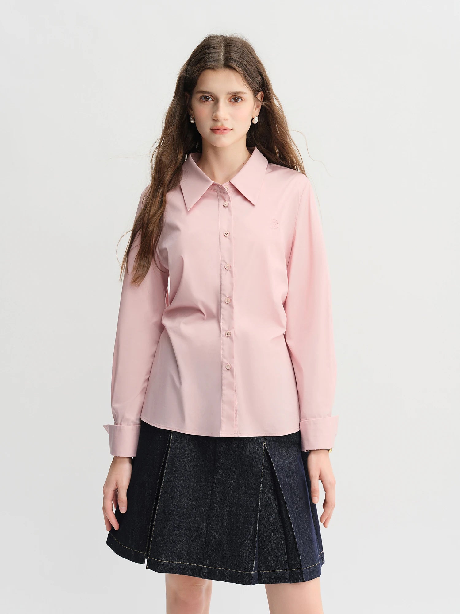 DUSHU Pleated Tie Waist Tricolor Shirt 2025 Autumn New Shirt Slim Tops A-line Skirts Women Suits