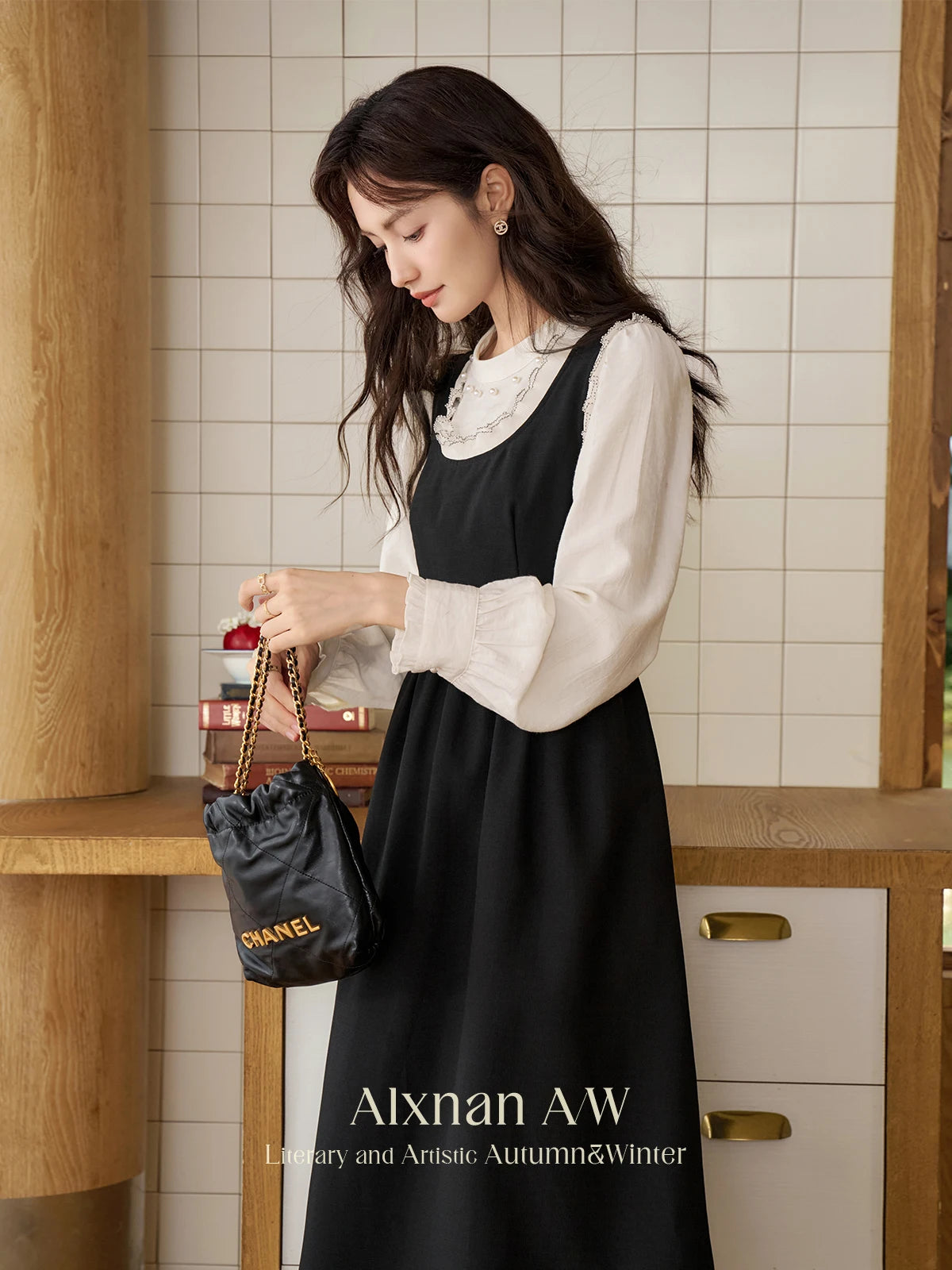 ALXNAN Women French Style Dress Autumn Vintage Embroidery Adjustable Waist Camisole Dress 2024 New Commuter Dress Female L39623