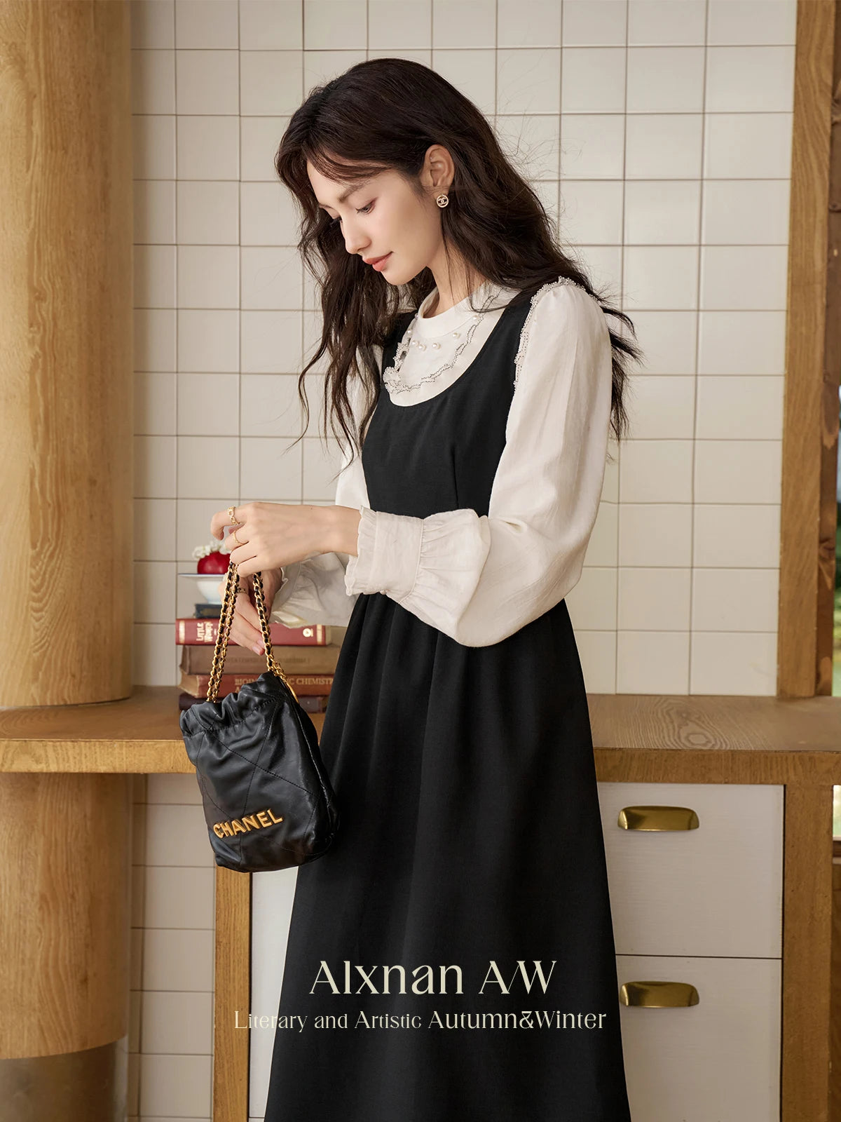 ALXNAN Women French Style Dress Autumn Vintage Embroidery Adjustable Waist Camisole Dress 2024 New Commuter Dress Female L39623