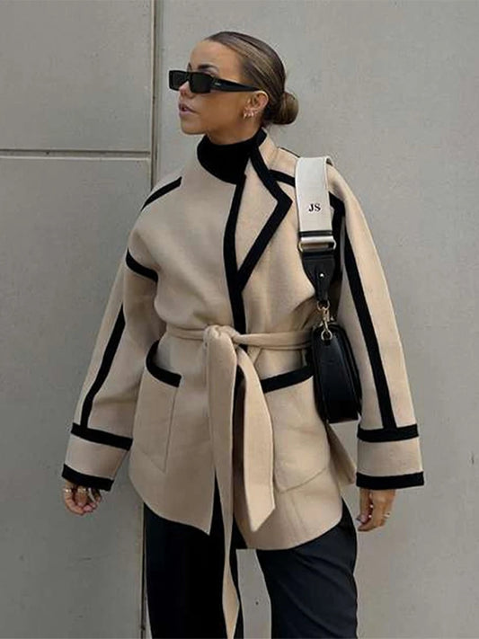 Striped Women's Woolen Coat Contrast Color Belts Long Sleeve Pocket Casual 2024 Autumn Office Coats Chic Street Jacket Outerwear