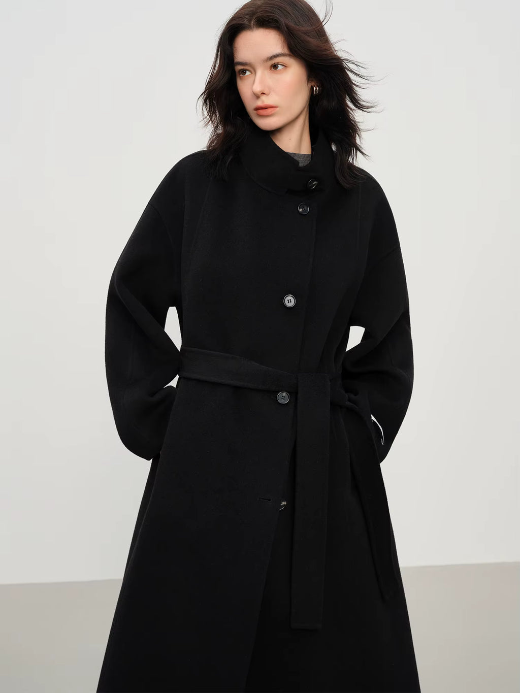 2025 New Women's Elegant Stand Collar 100% Wool Double-Faced Long Coat Diamond-Shaped Tailoring Autumn Winter Outerwear