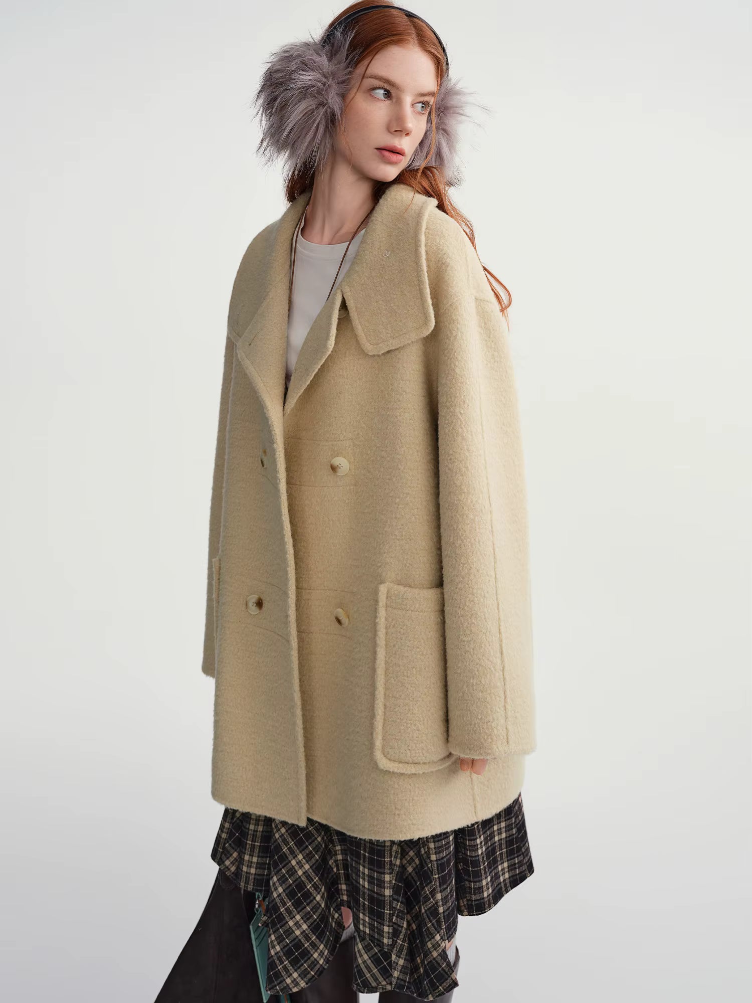 Oatmeal Stand Collar Double-breasted Patch Pocket Woolen Coat 2025 Winter Woolen Coat Simple Sweet Temperament Korean