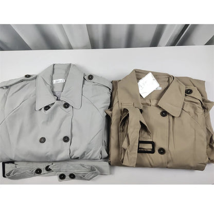 Classic Grey Long Belt Trench Coats Women Korean Double Breasted Gabardina Jackets Streetwear Windbreaker Abrigos Spring Casacos