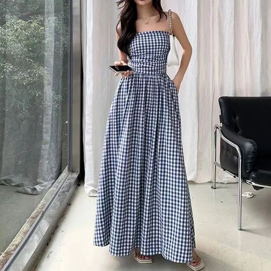 Vintage Plaid Dress Women Summer Korean Elegant Tube Top All-Match Midi Dress Y2K Folds Off Shoulder Holiday Beach Vestidos