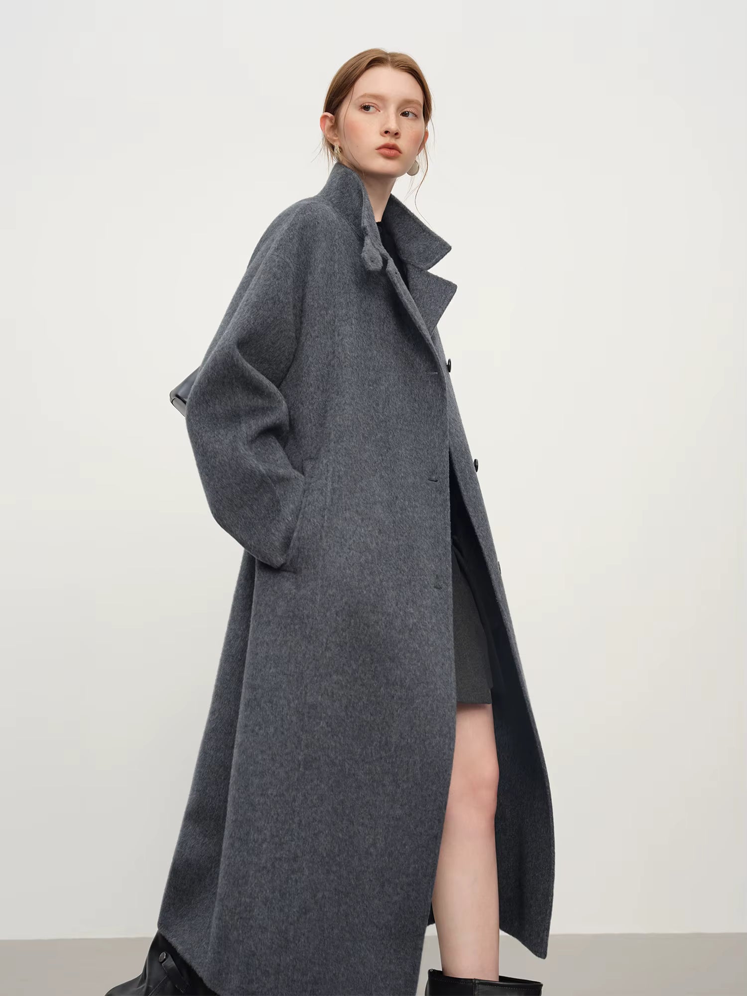 2025 New Women's Elegant Stand Collar 100% Wool Double-Faced Long Coat Diamond-Shaped Tailoring Autumn Winter Outerwear