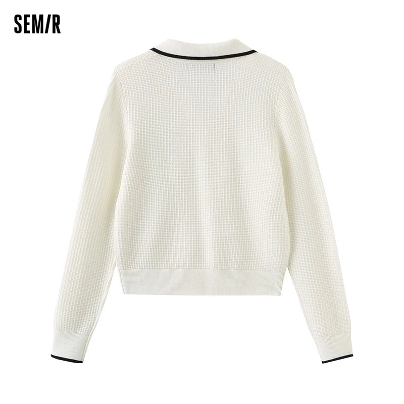 Semir 2024 Sweater Women Short Textured Top For Small Figures Versatile Gentle Spring Contrasting Color Collar Pullover Polo