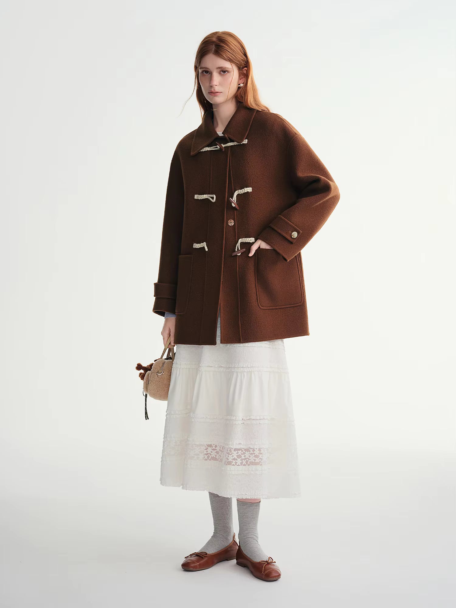 Winter 2025 Women's Horn Button Wool Blend Coat - Korean Style Double Faced Midi Length Stand Collar Casual Elegance
