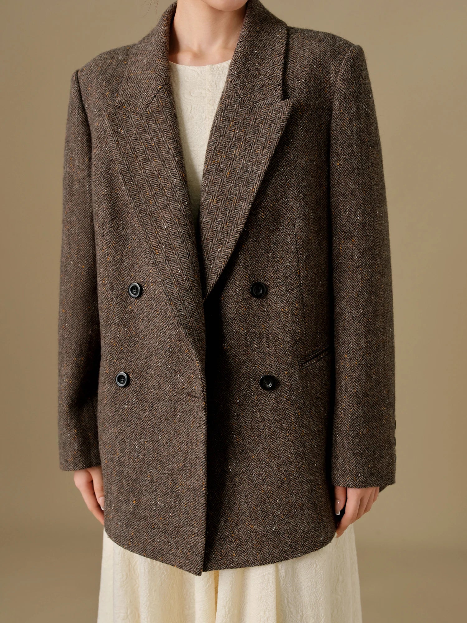 DUSHU Plus Size 98.8% Sheep Wool Color Dot Retro Style Brown Suit For Women 2024 Winter New Design Wool Warm Coat 24DH84019