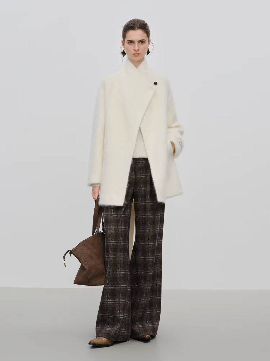 【Premium Series】Women's Brushed Cashmere Short Coat with Asymmetric Placket Stand Collar - Winter Warm Overcoat for Daily