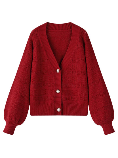 DUSHU Retro Sense Pomegranate Red Knitted Cardigan Women Autumn Winter 2022 New Niche Design Temperament V-neck Chic Top Female