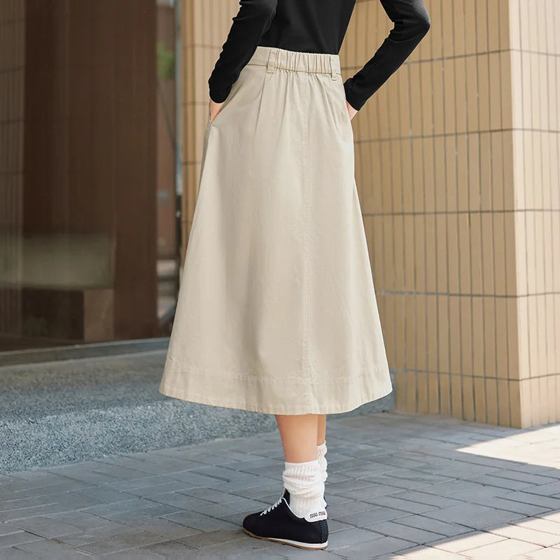 Semir Skirt Women Solid Color Simple Versatile 2024 Autumn New Pure Cotton Slimming Loose Umbrella Skirt