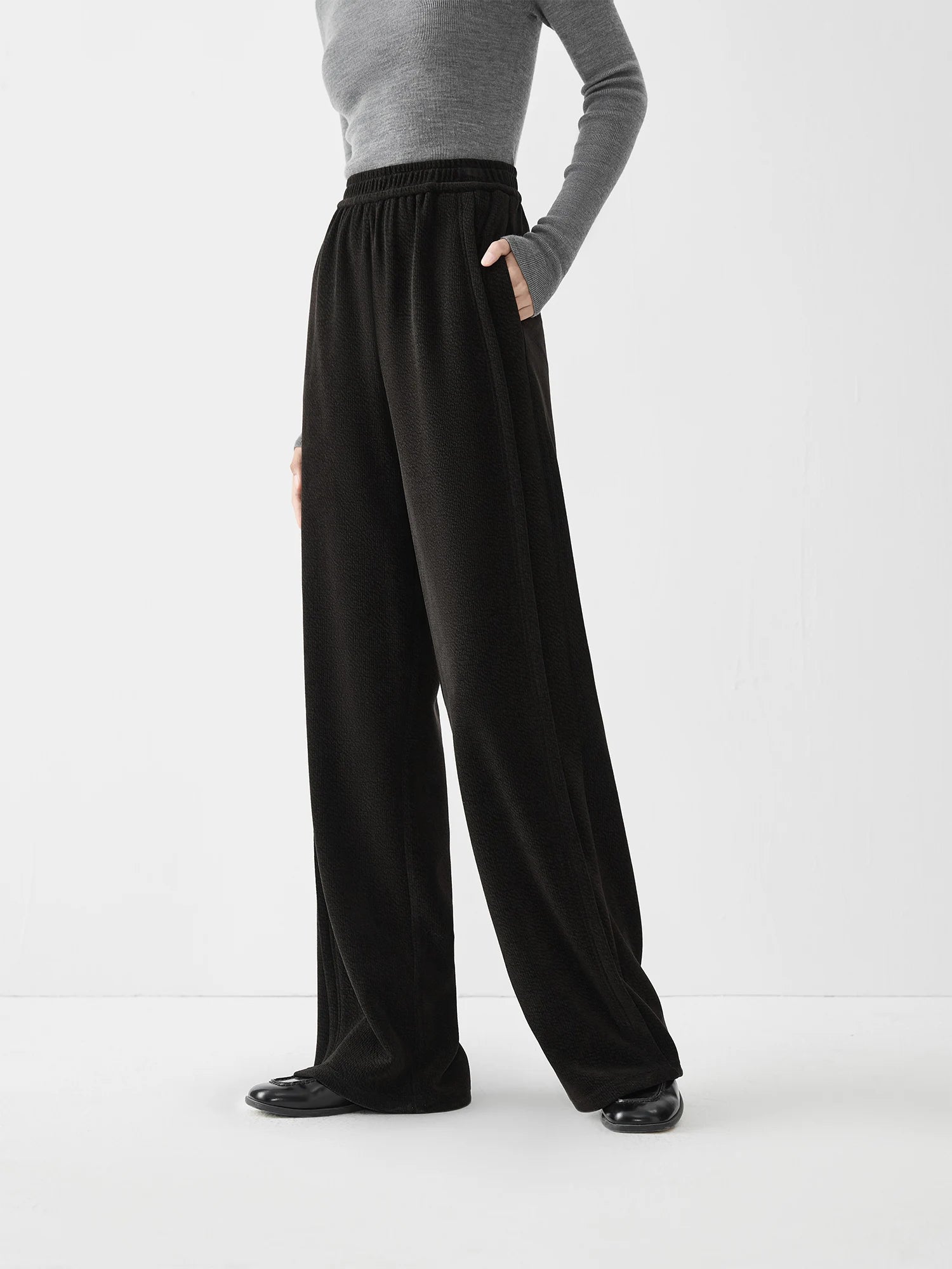 FSLE Women Black Thicken Long Trousers High Elastic Waist Female Knitted Straight Casual Style Pants Simple 700G Pant 24FS14701