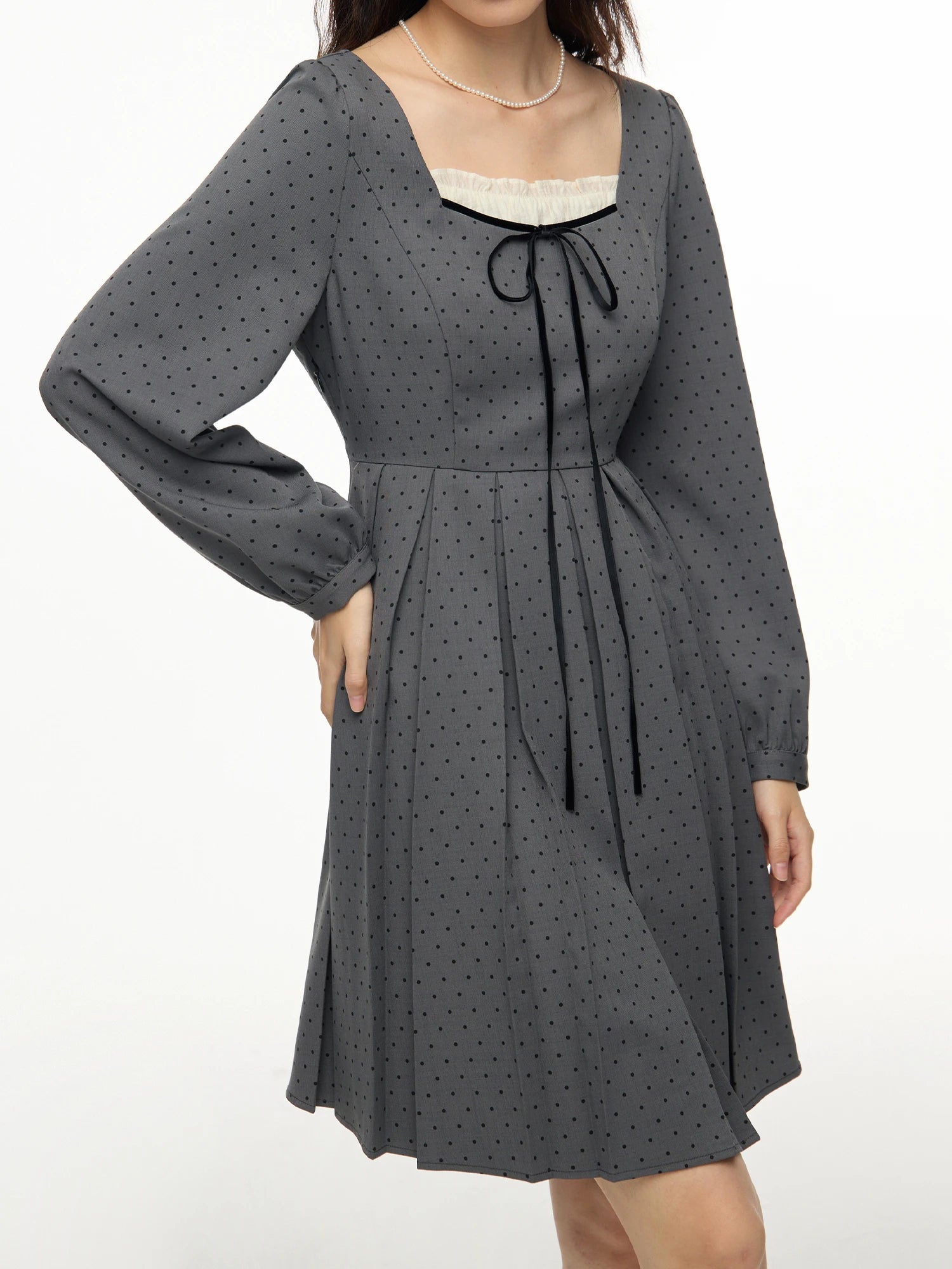 DUSHU Plus Size Office Lady Wave Point Grey Dress 2024 Autumn New Sweet Square Neck Women Casual Loose Dress 24DS83315