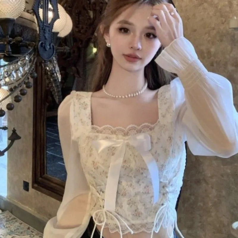Square Collar Blouses for Women Long Sleeve Thin Summer Female Korean Style Slim All-match Casual Breathable Young Girls Lace-up