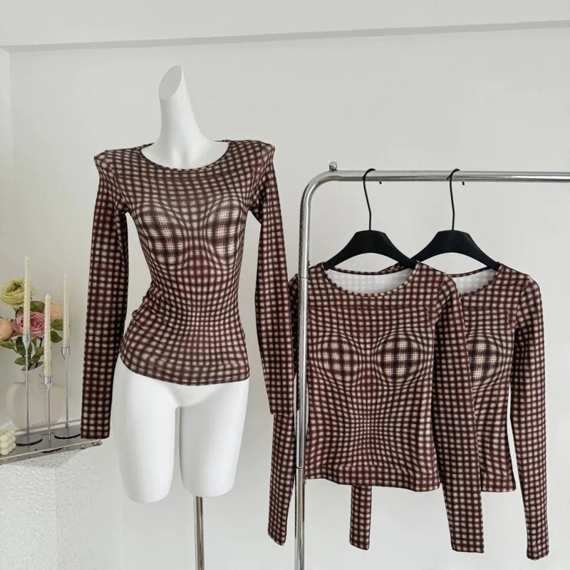 Kpop Plaid Streetwear Long Sleeved Shirts Women Round Neck Punk Style Slim T-shirts Brown Sexy Crop Tops Y2K Grunge Shirts For Women