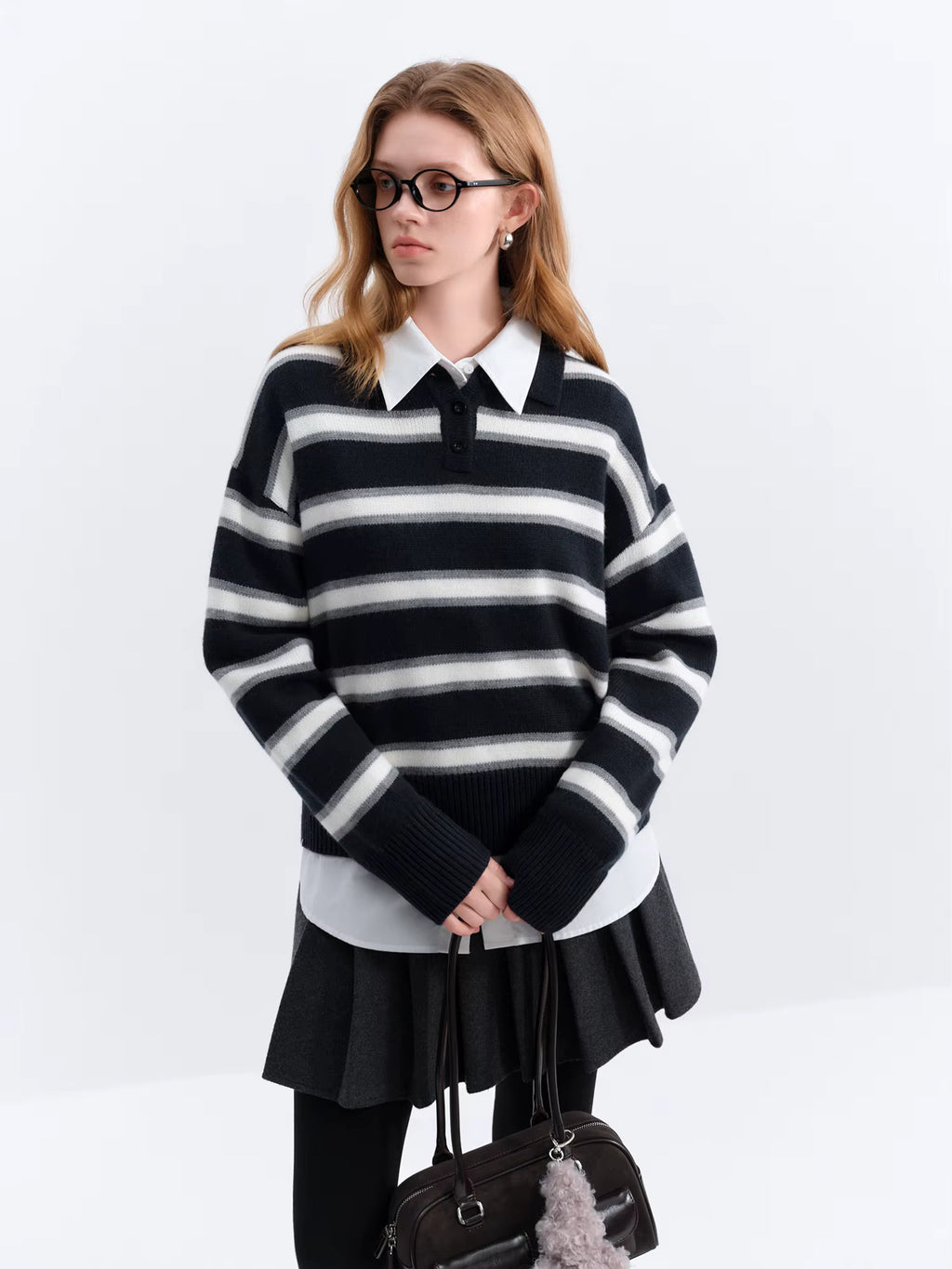 Casual Contrast Color Striped Turn Down Collar Sweater Women Loose 2025 Winter New Retro Sweater Soft Cozy Homewear