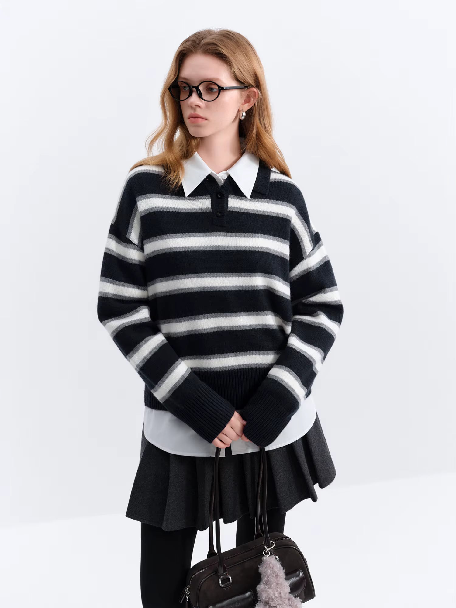 Casual Contrast Color Striped Turn Down Collar Sweater Women Loose 2025 Winter New Retro Sweater Soft Cozy Homewear