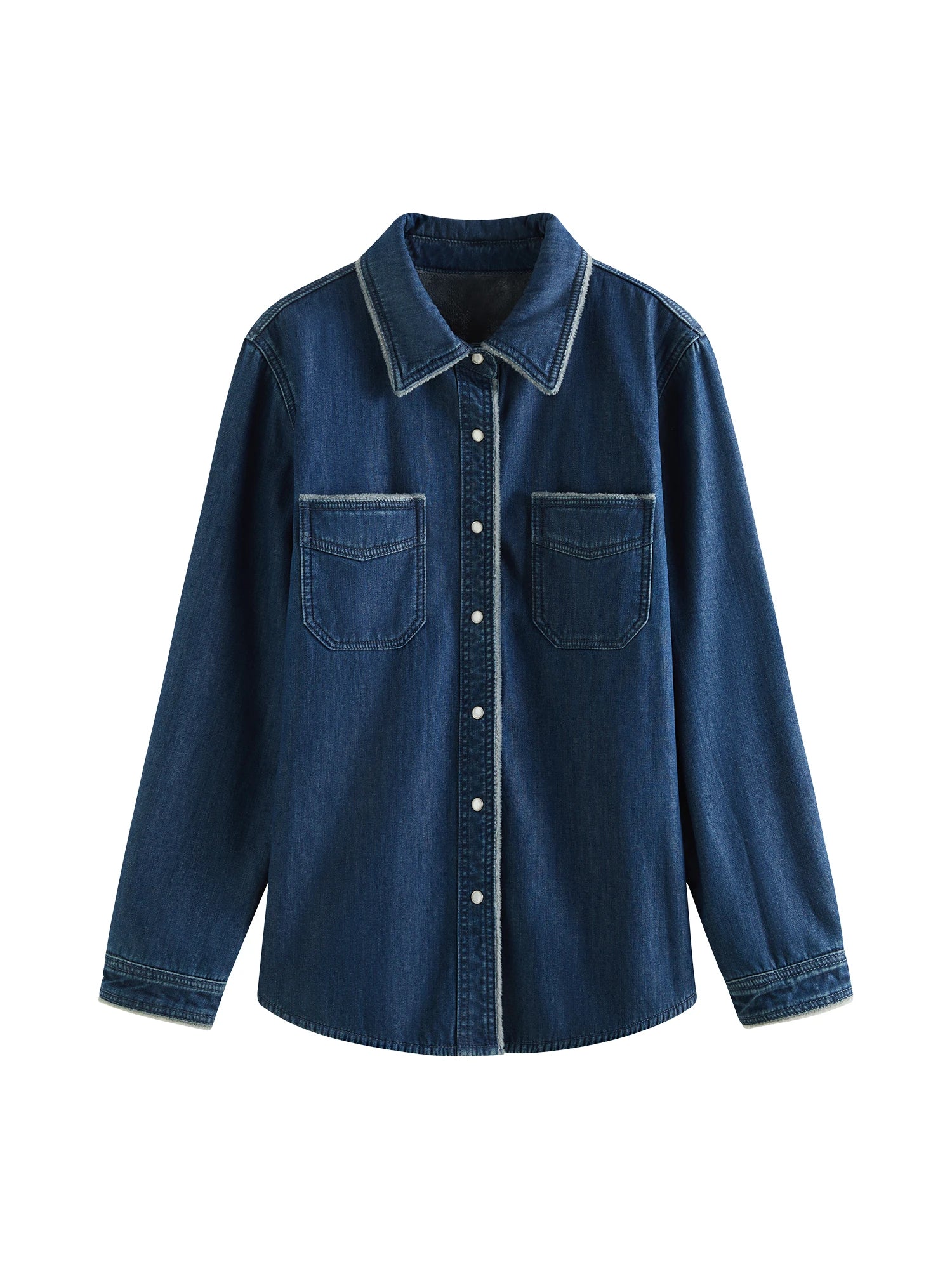 FSLE Cotton Padded Thickened Denim Blue Shirt For Female Fall Winter 2024 New Design Commuter Loose Blouse Cardigan 24FS14296