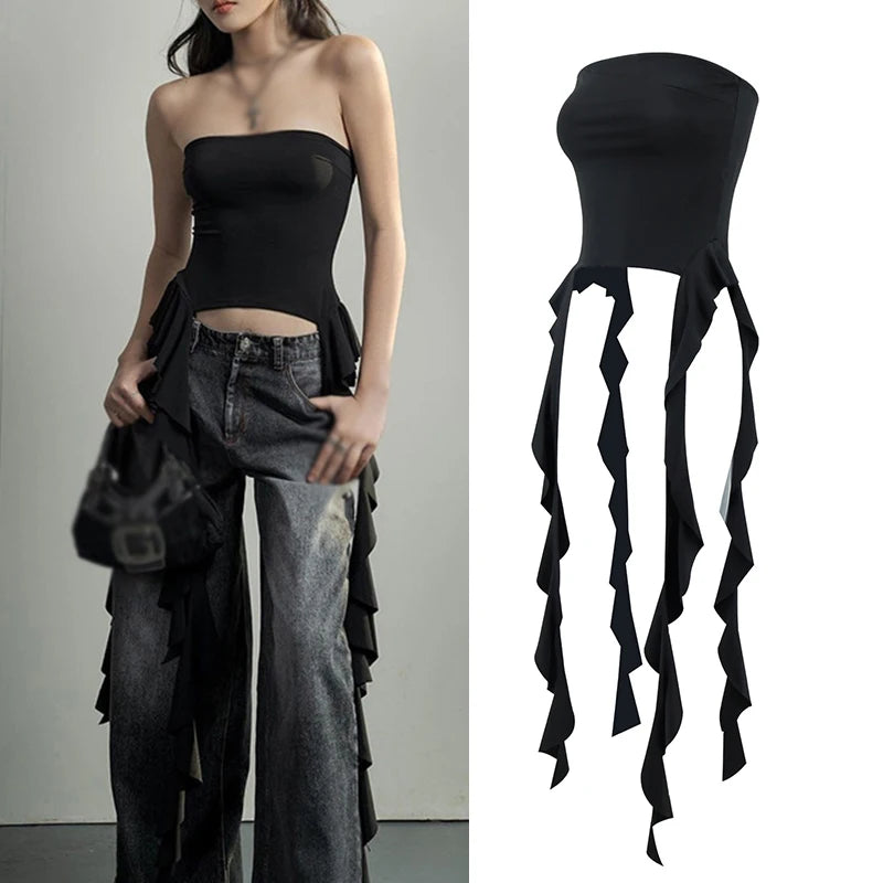 Ruffle Hem Strapless Tube Top Sleeveless Pleated Peplum Bandeau Tops