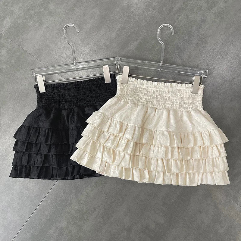 Streetwear Y2k Ruffles Mini Skirts Women Sweet Kawaii High Waist Lace A Line Skirt Summer Korean Fashion Black Ball Gown Skirts